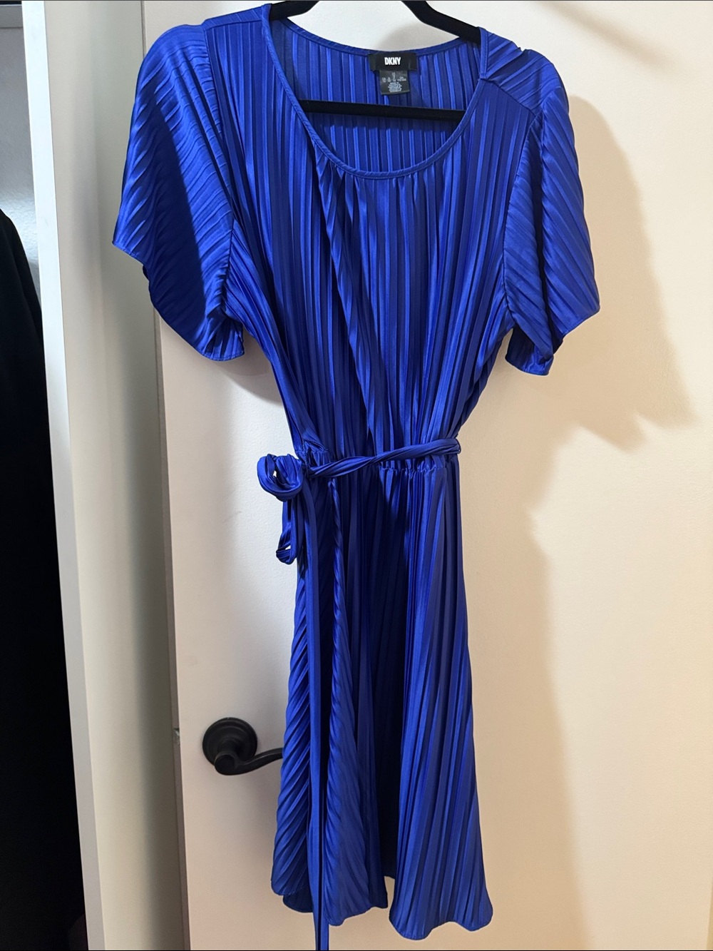 DKNY Royal Blue Pleated Belted Midi Dress